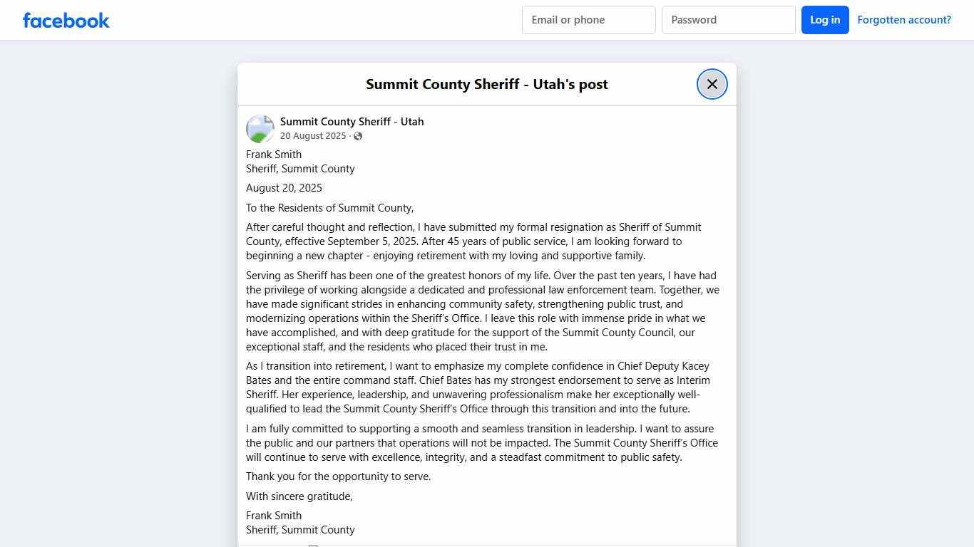 Frank Smith Sheriff, Summit... - Summit County Sheriff - Utah Facebook